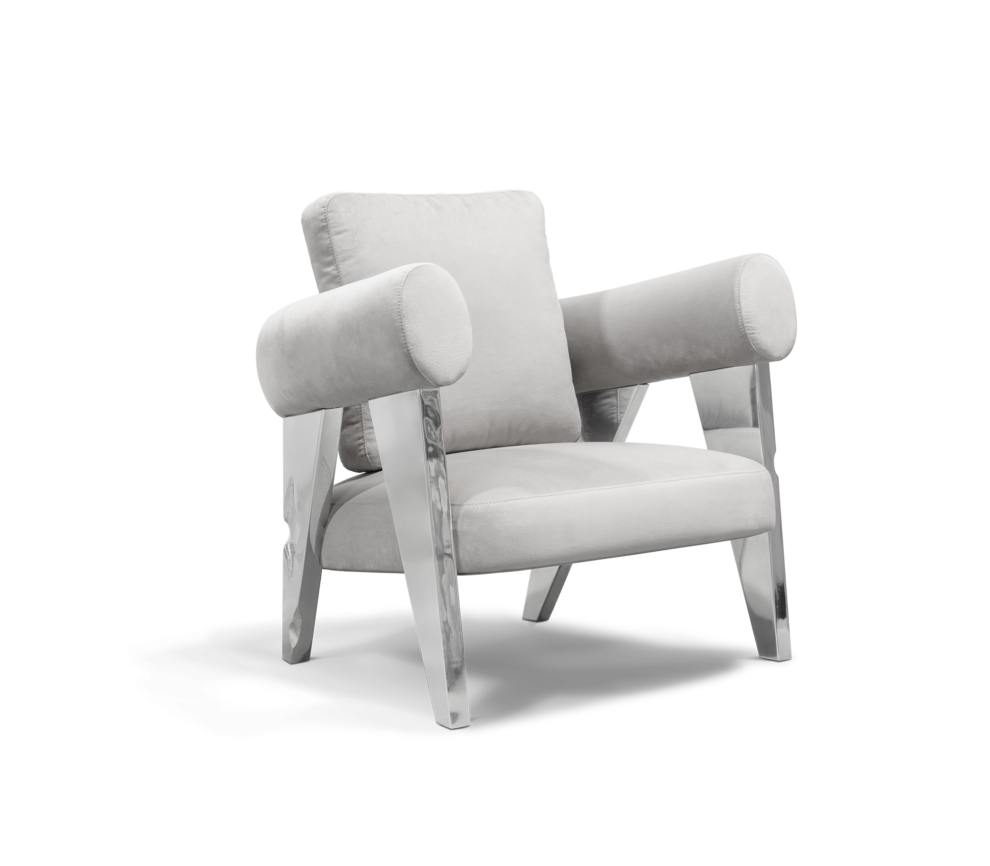 Luxury Sculptural Armchair with Polished Hammered Brass Legs & Curved Upholstery Design