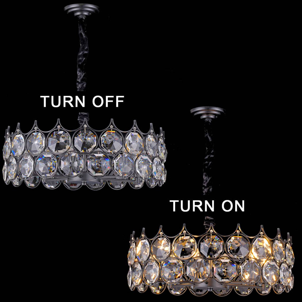 Luxury 24x24x8.3 inch Black Metal Crystal Chandelier with 39.4 inch Hanging Chain – Elegant Decorative Lighting Fixture