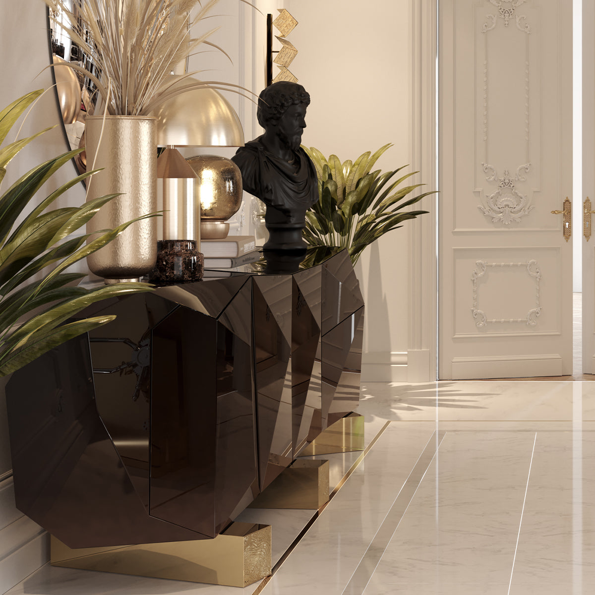 Luxury Diamond Sideboard Cabinet with Faceted Design & Hidden Storage