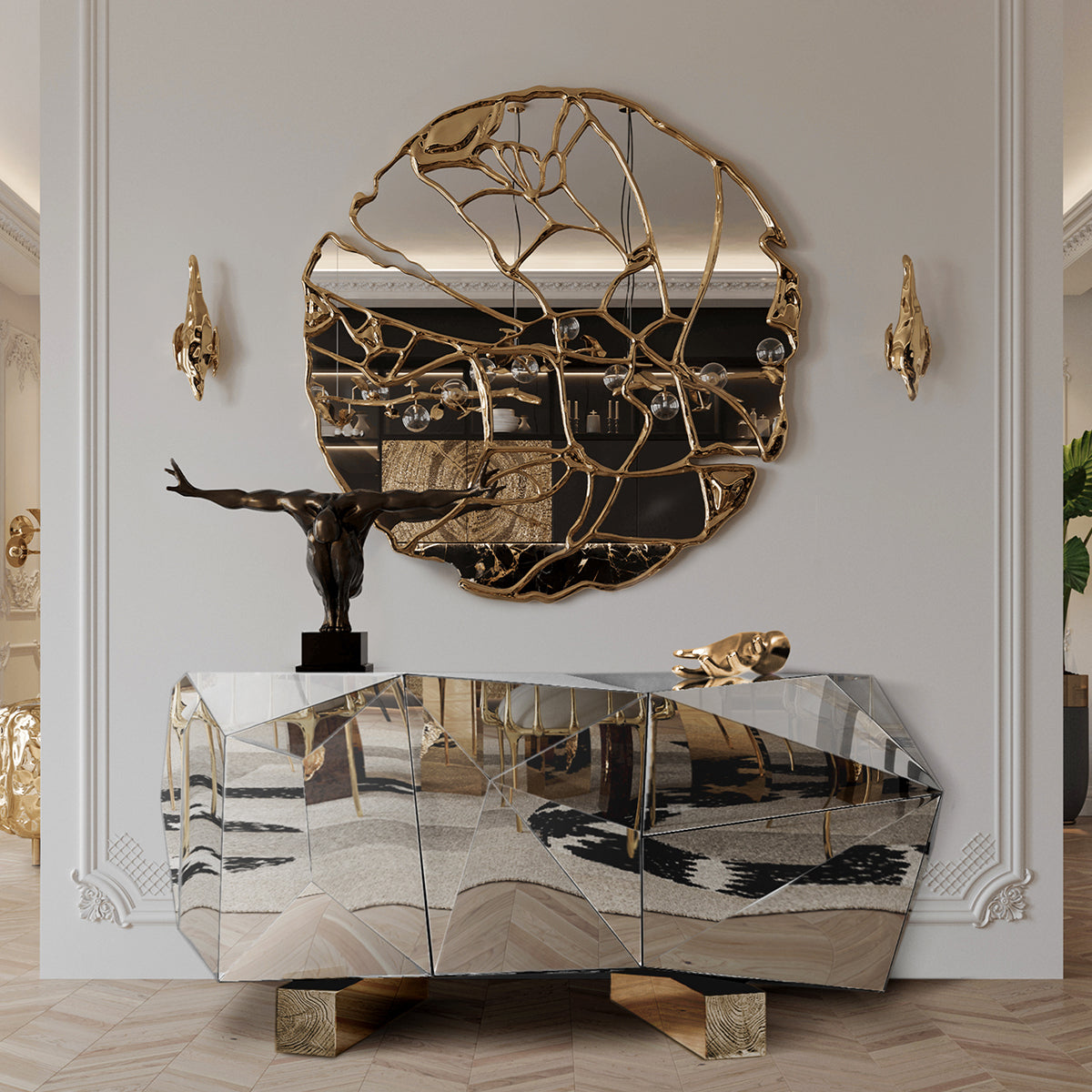 Luxury Black Faceted Sideboard Buffet Cabinet with Hidden Storage