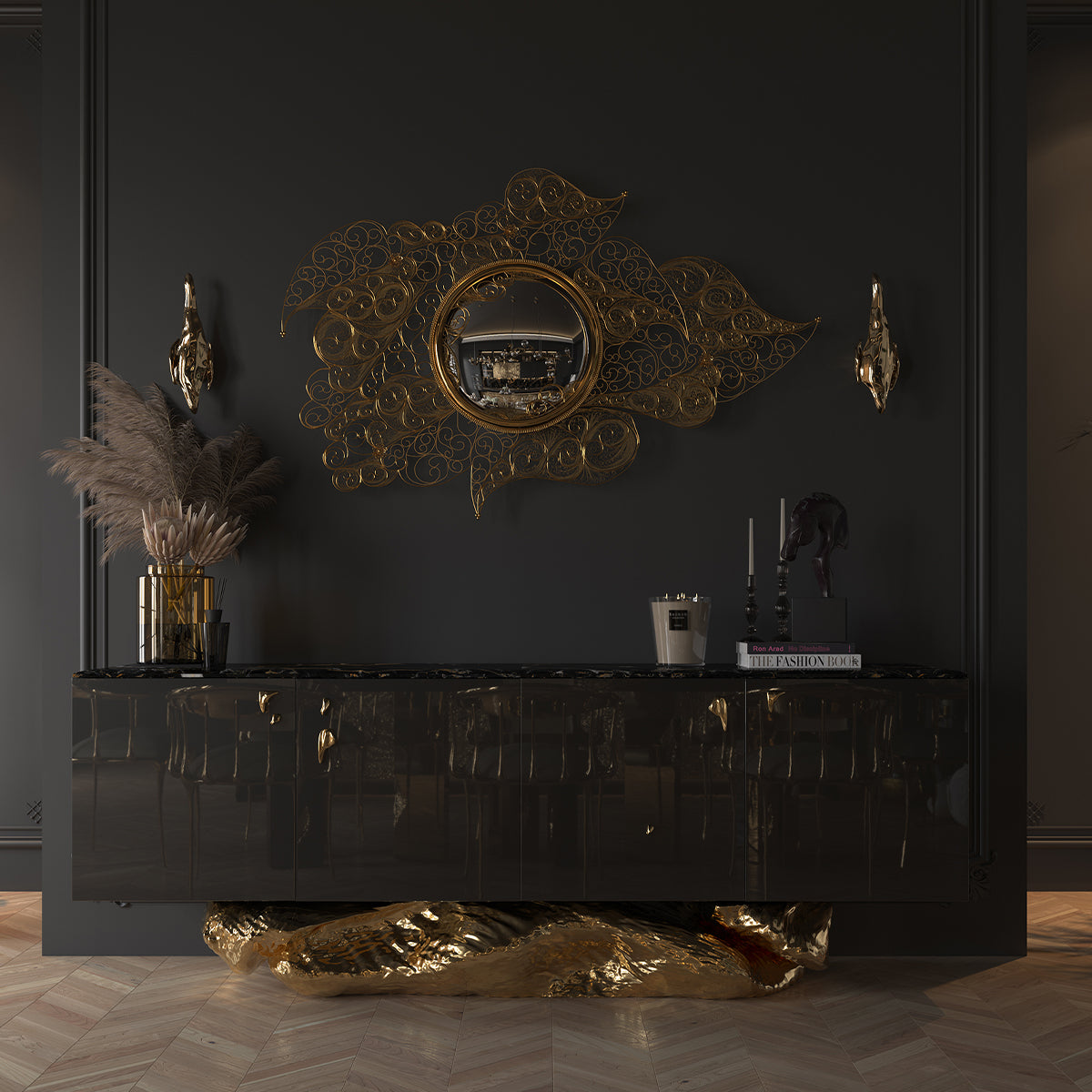 Luxury Gold Buffet Cabinet with Sculptural Metal Base & Hidden Storage
