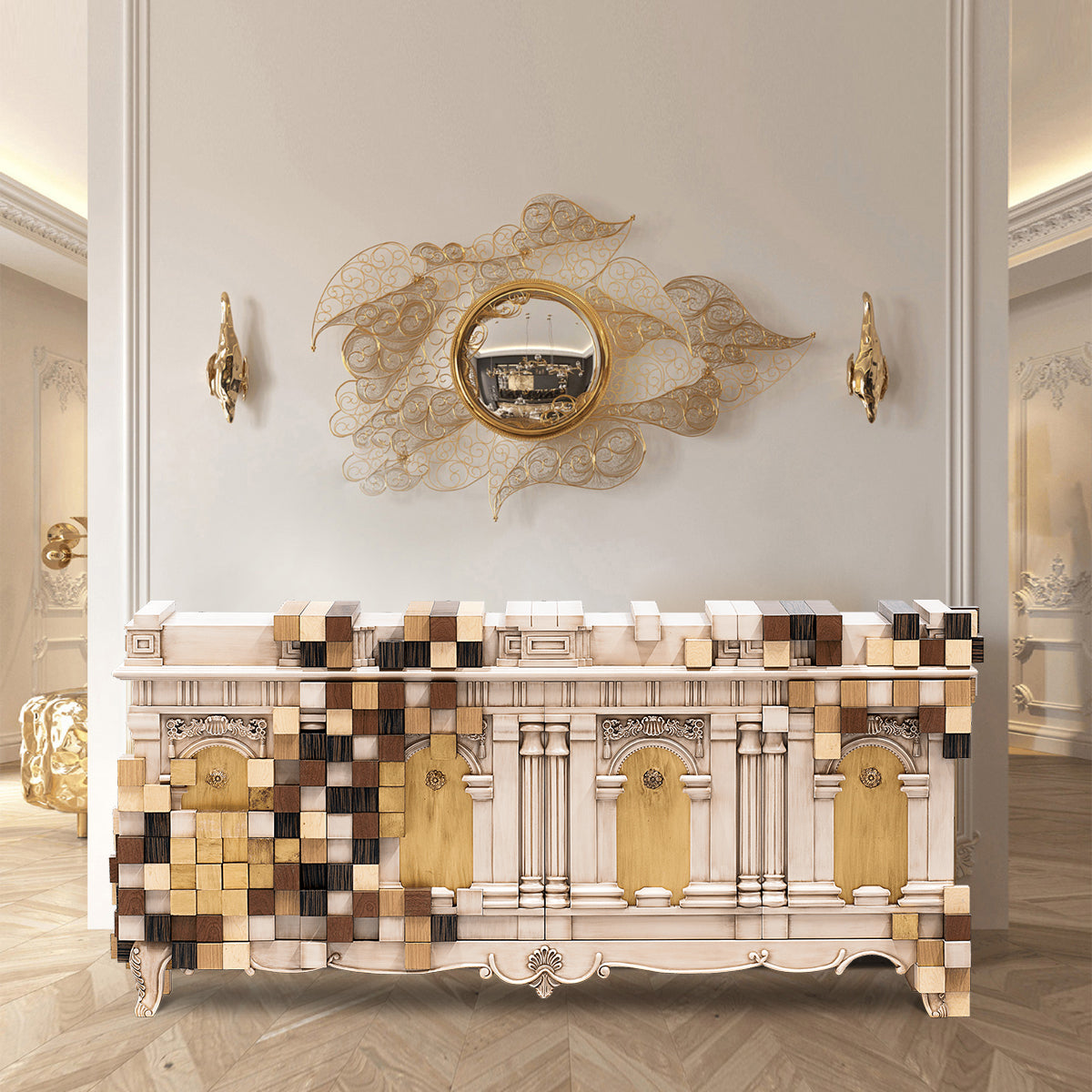 Luxury Mirrored Sideboard Buffet Cabinet with Gold Accents & Modern Storage