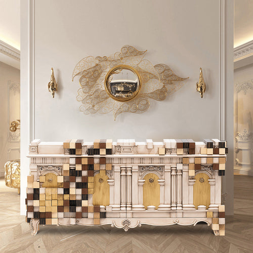 Luxury Mirrored Sideboard Buffet Cabinet with Gold Accents & Modern Storage