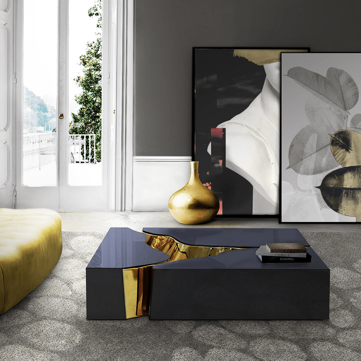 Luxury Coffee Table with Cracked Brass Sculptural Base & Smoked Glass Top