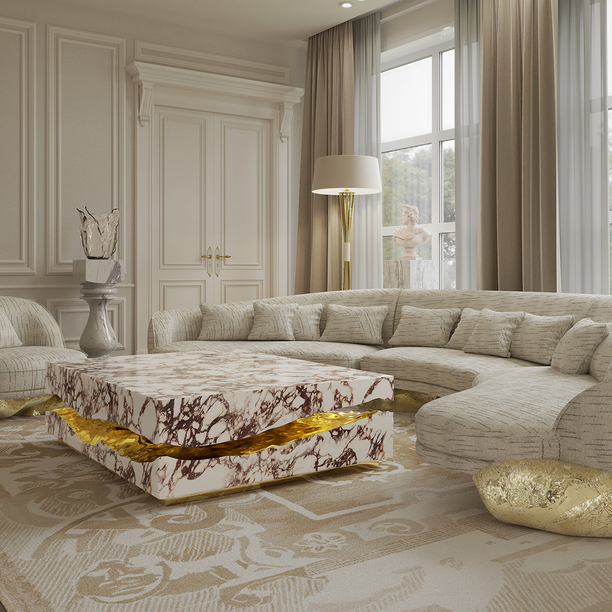 Luxury Carrara Marble Coffee Table with Sculptural Brass Frame & Organic Design