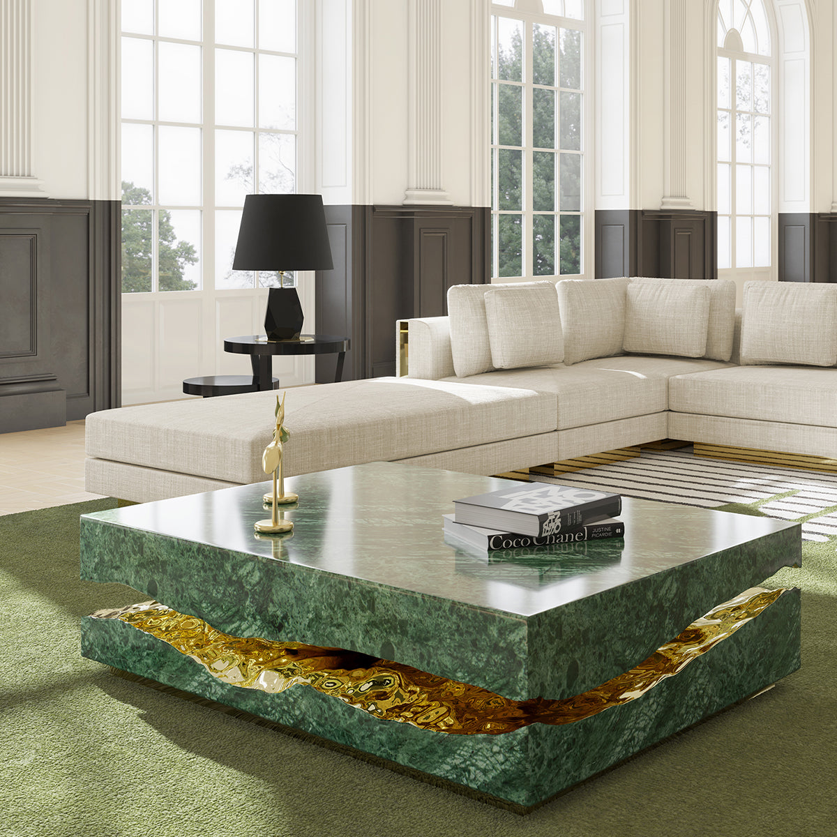 Luxury Carrara Marble Coffee Table with Sculptural Brass Frame & Organic Design