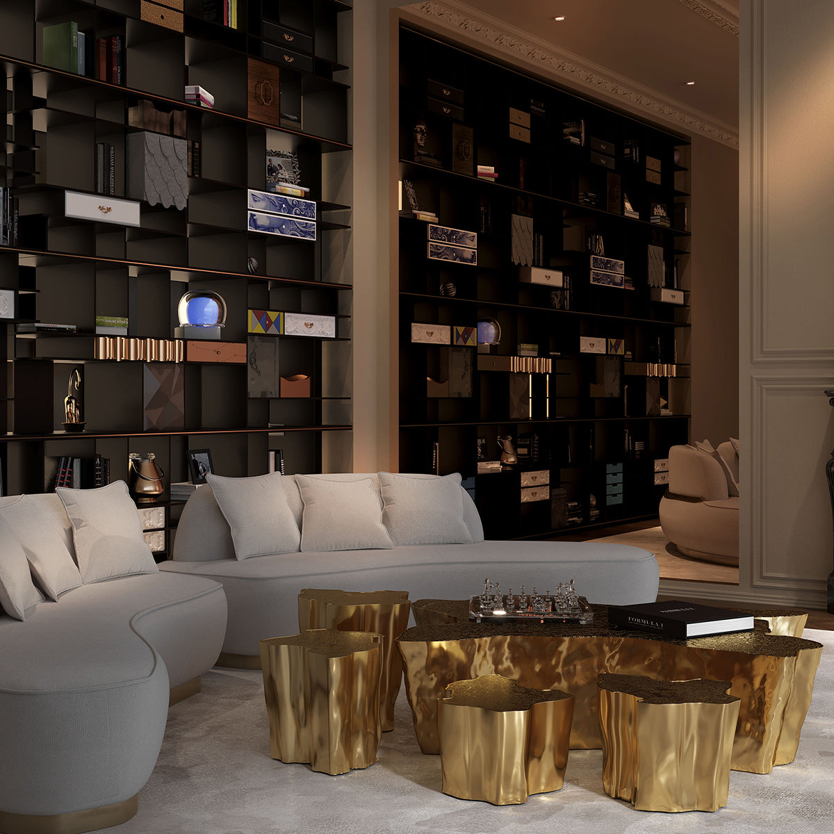 Luxury White Coffee Table with Sculptural Gold Base & Organic Modern Design
