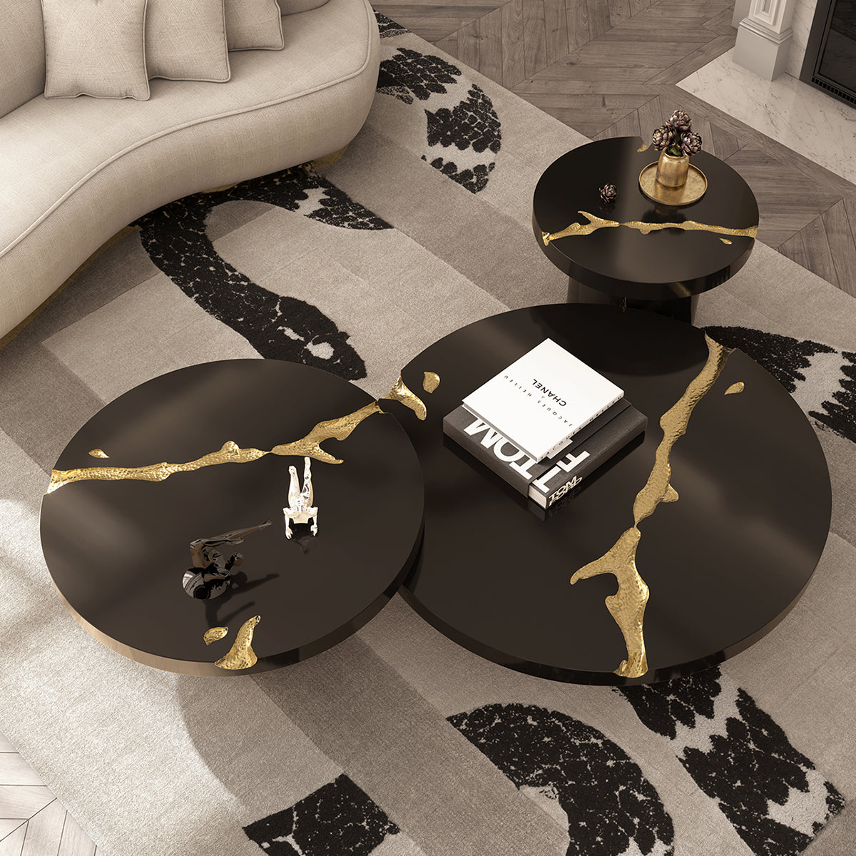 Luxury Gold Coffee Table with Round Glass Top & Sculptural Brass Base