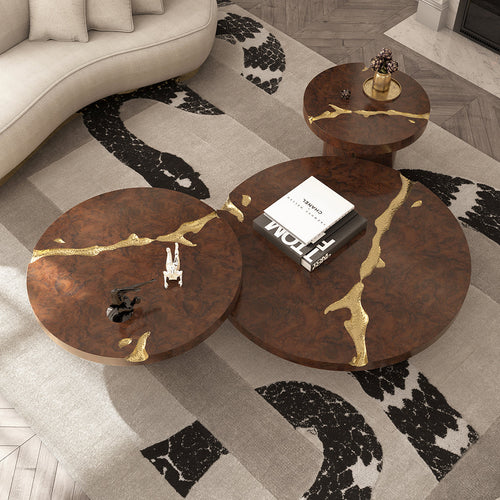 Luxury Gold Coffee Table with Round Glass Top & Sculptural Brass Base Center Tea Table