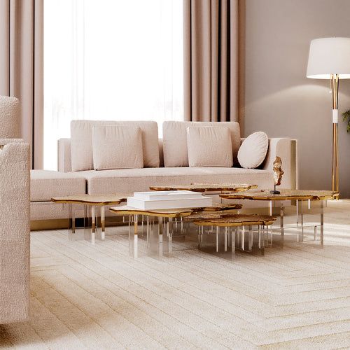Luxury Designer Coffee Table with Hand-Painted Artistic Top & Sculptural Brass Base Center Tea Table