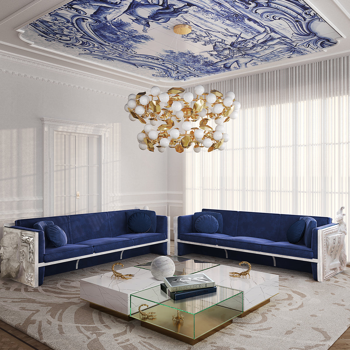 Luxury Coffee Table Set with Marble, Glass & Sculptural Gold Brass Design