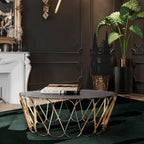 Luxury Round Coffee Table with Sculptural Brass Base, Smoked Glass Top & Modern Architectural Design
