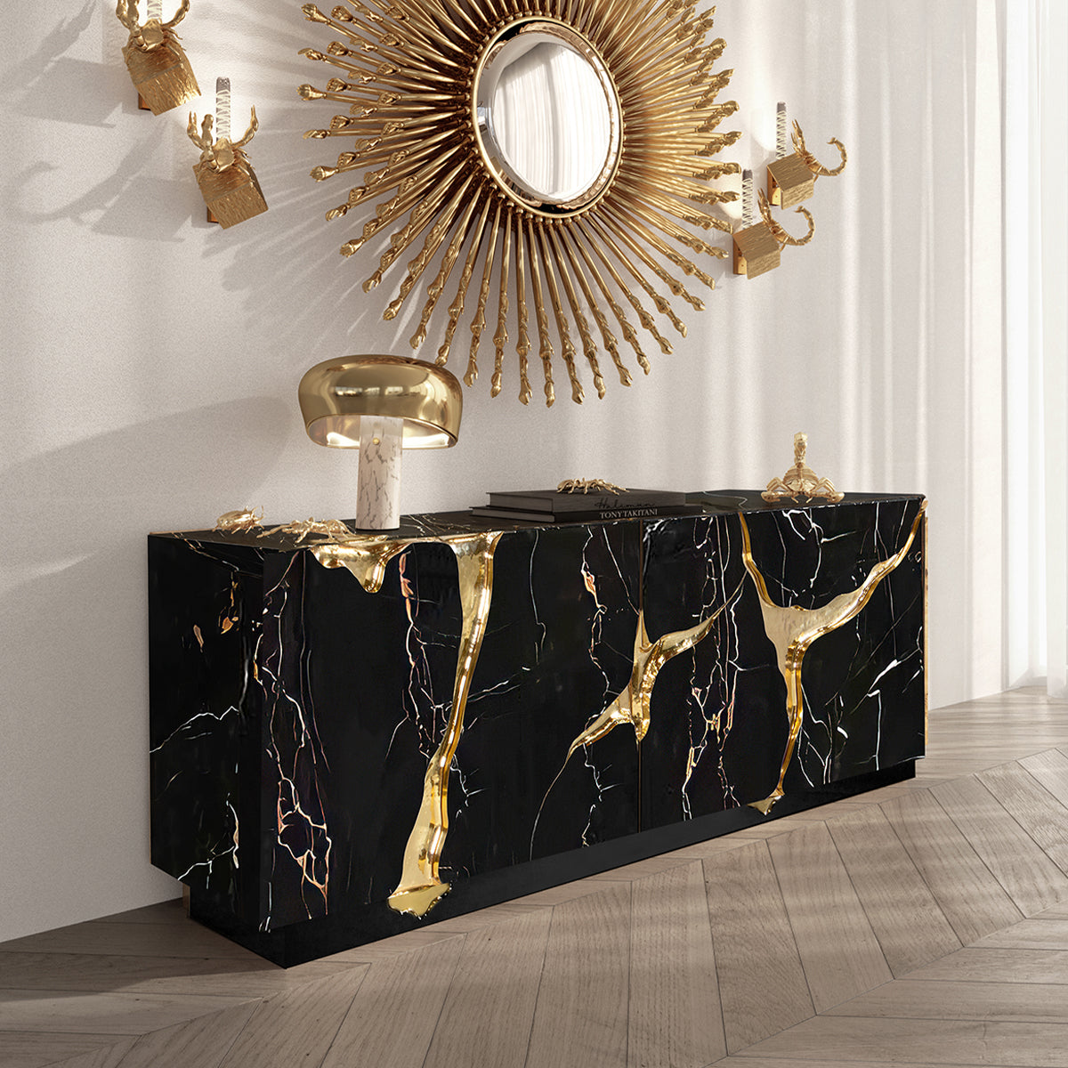 Luxury Black Gold Sideboard Cabinet with Sculptural Cracked Design