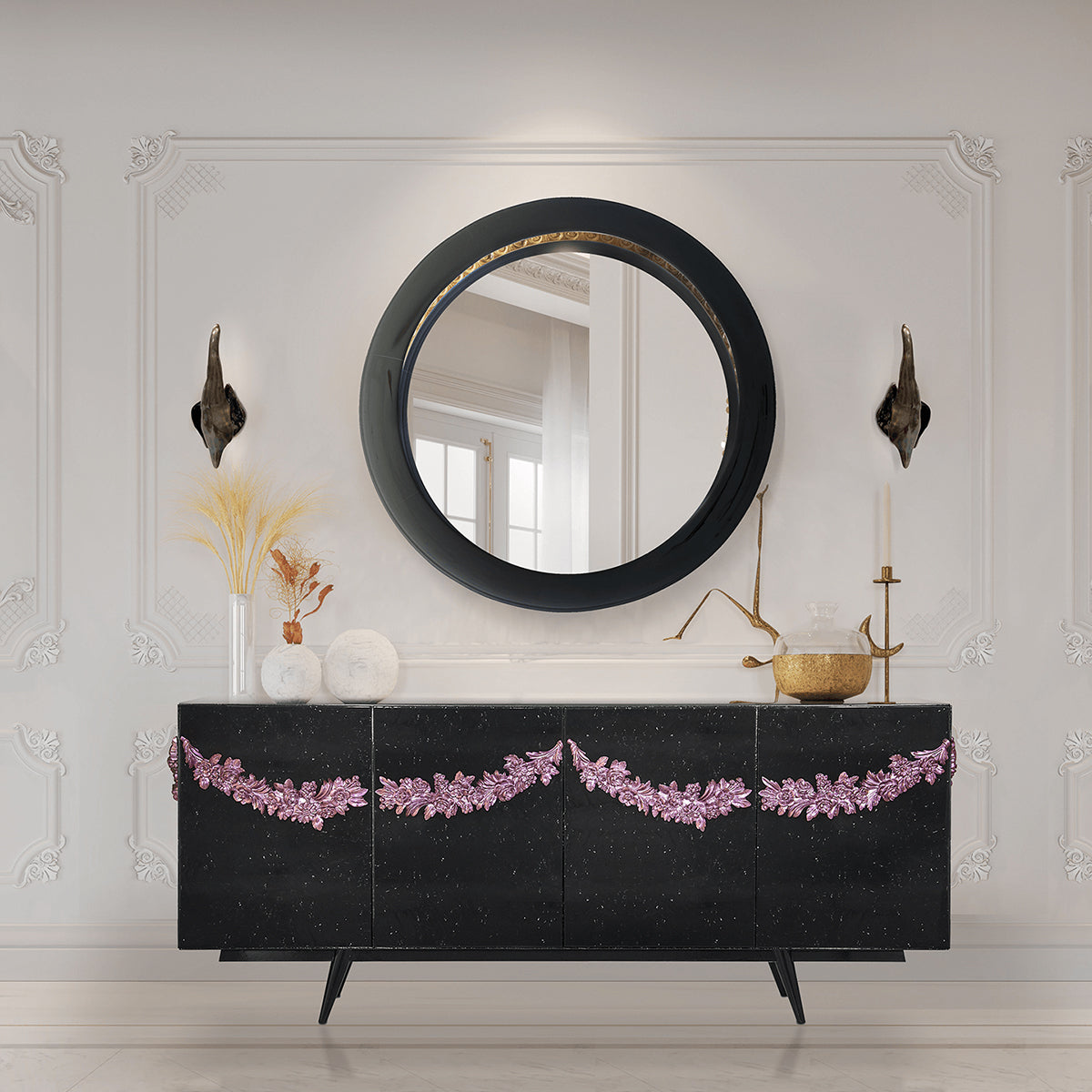 Luxury Black Sideboard Buffet Cabinet with Floral Carved Details & Storage
