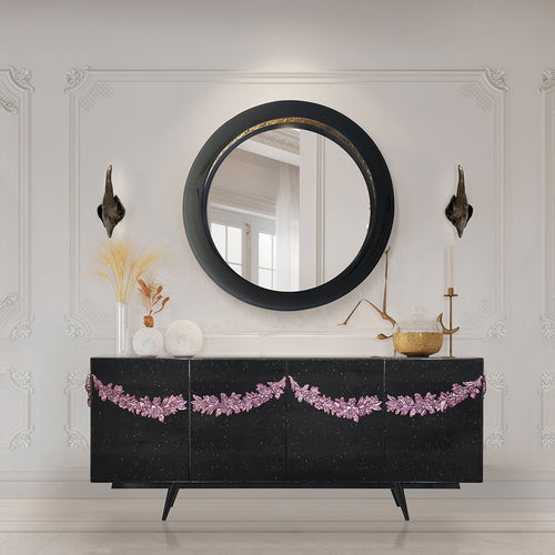 Luxury Black Sideboard Buffet Cabinet with Floral Carved Details & Storage