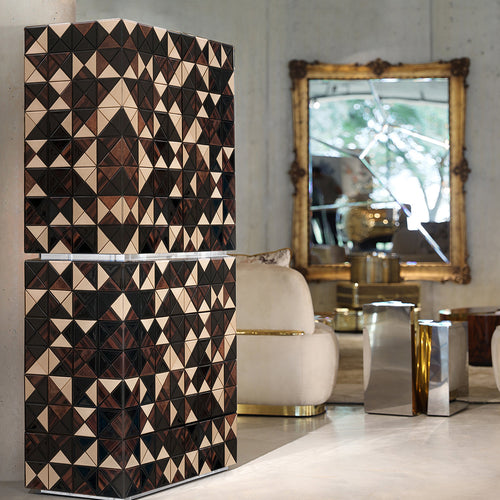 Luxury Walnut Curio Cabinet with Pixel-Inspired Design & Hidden Storage