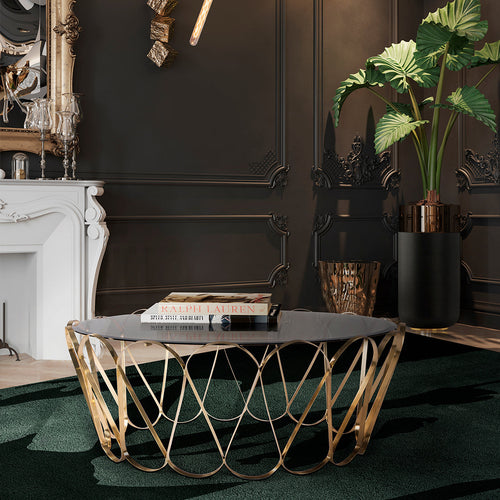 Luxury Round Coffee Table with Sculptural Brass Base Center Tea Table