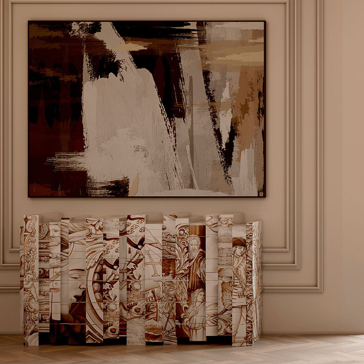 Luxury Hand-Painted Tile Sideboard Cabinet with Vintage Artwork & Hidden Storage