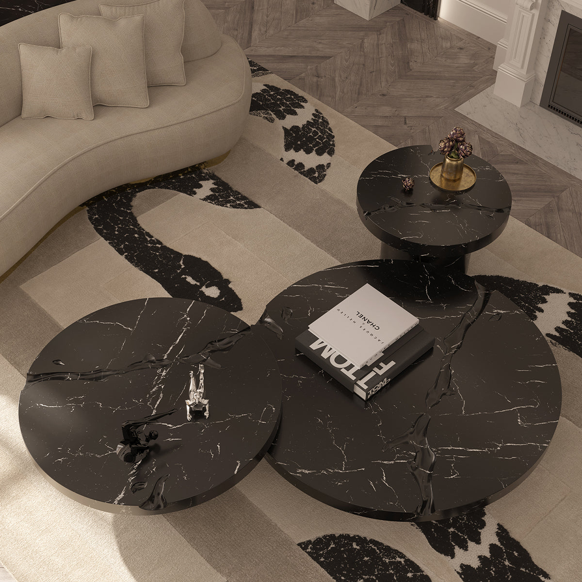 Luxury Gold Coffee Table with Round Glass Top & Sculptural Brass Base