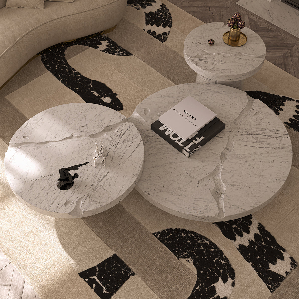 Luxury Gold Coffee Table with Round Glass Top & Sculptural Brass Base