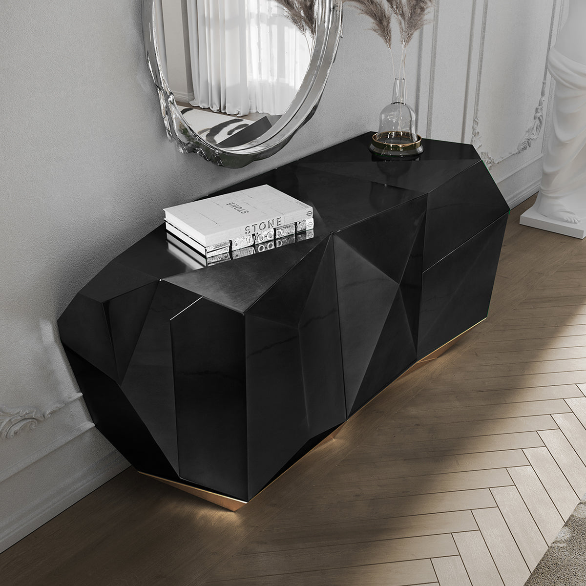 Luxury Emerald Green Sideboard Cabinet with Diamond-Inspired Faceted Design