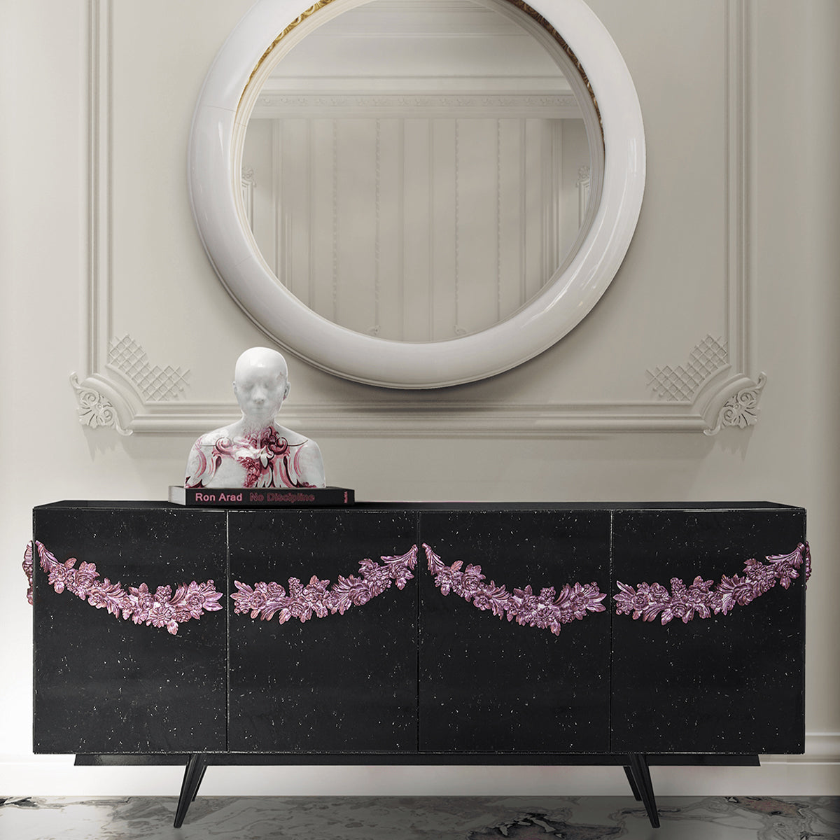 Luxury Black Sideboard Buffet Cabinet with Floral Carved Details & Storage