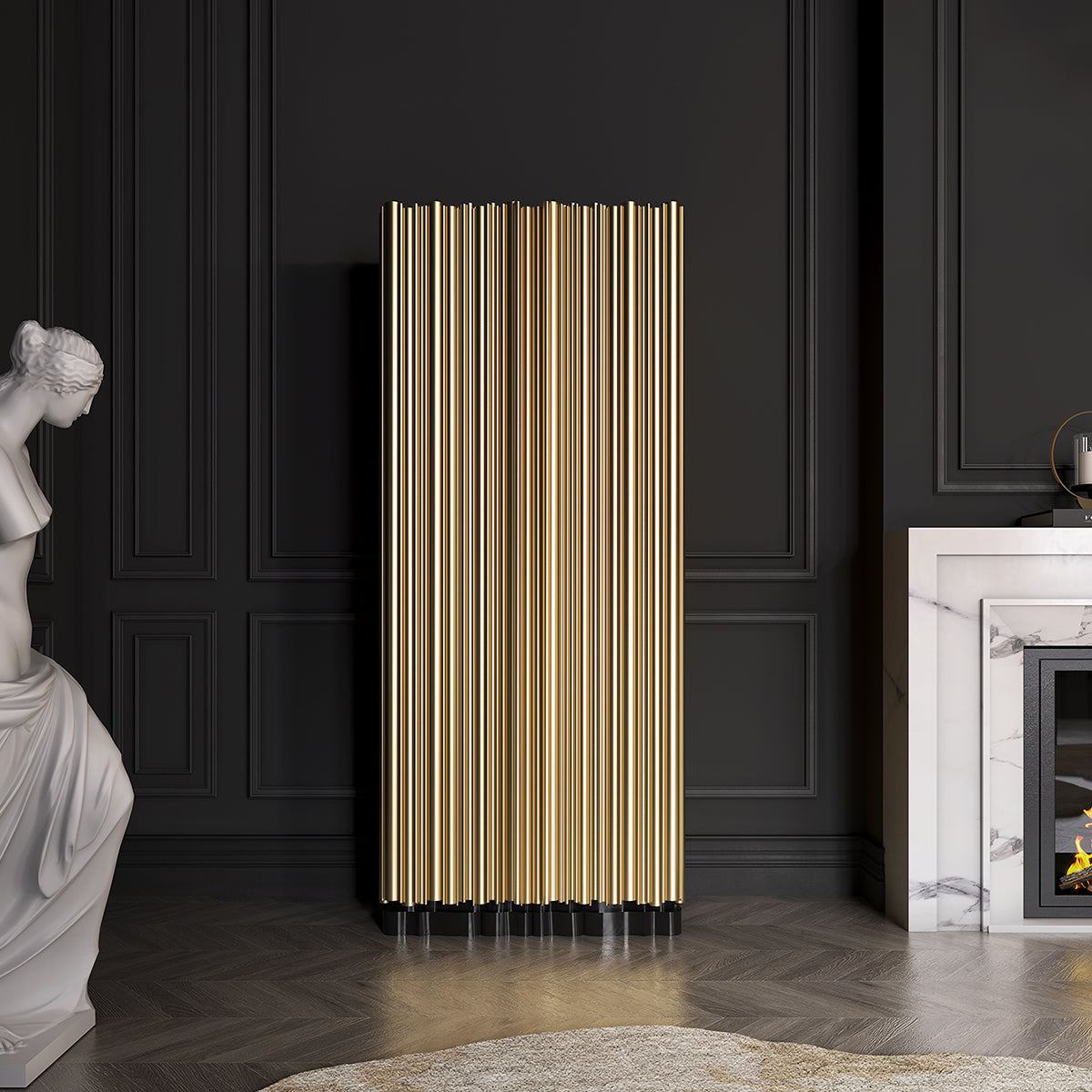 Luxury Curio Cabinet with Brass Tube Design, Glass Shelves & Hidden Storage