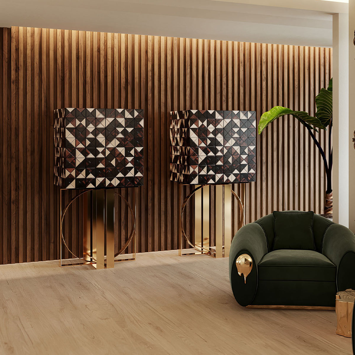 Luxury Geometric Bar Cabinet with Pixel-Inspired Design & Hidden Storage