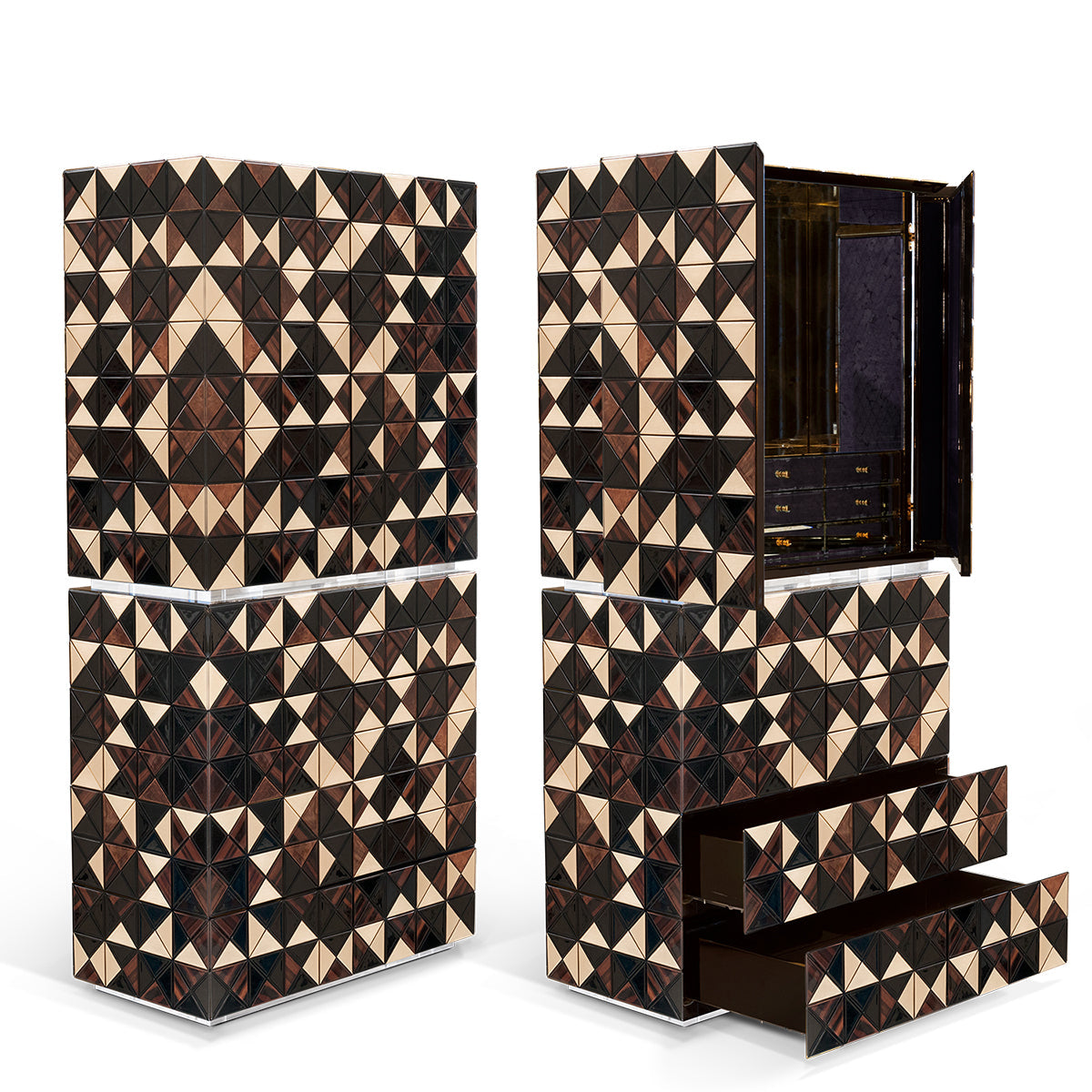 Luxury Walnut Curio Cabinet with Pixel-Inspired Design & Hidden Storage