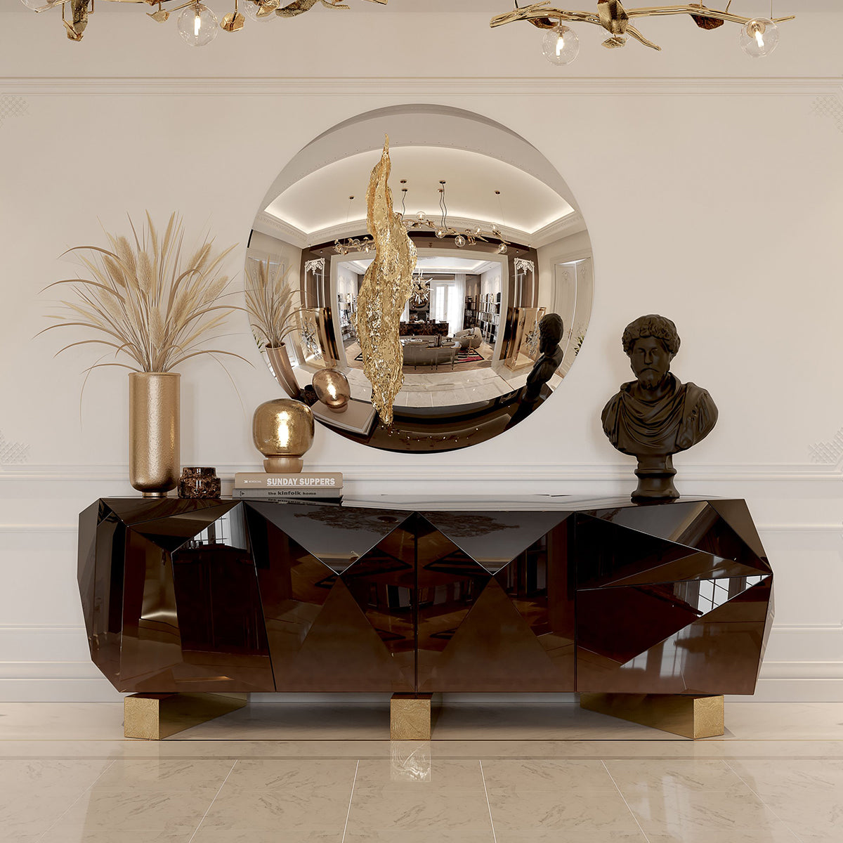 Luxury Diamond Sideboard Cabinet with Faceted Design & Hidden Storage