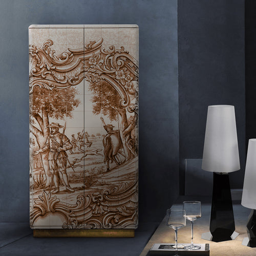 Luxury Display Cabinet with Hand-Painted Tile Artwork, Glass Shelves & Storage