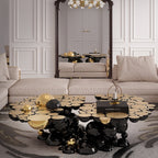 Luxury Sculptural Coffee Table with Gold Sphere Base & Black Glass Top