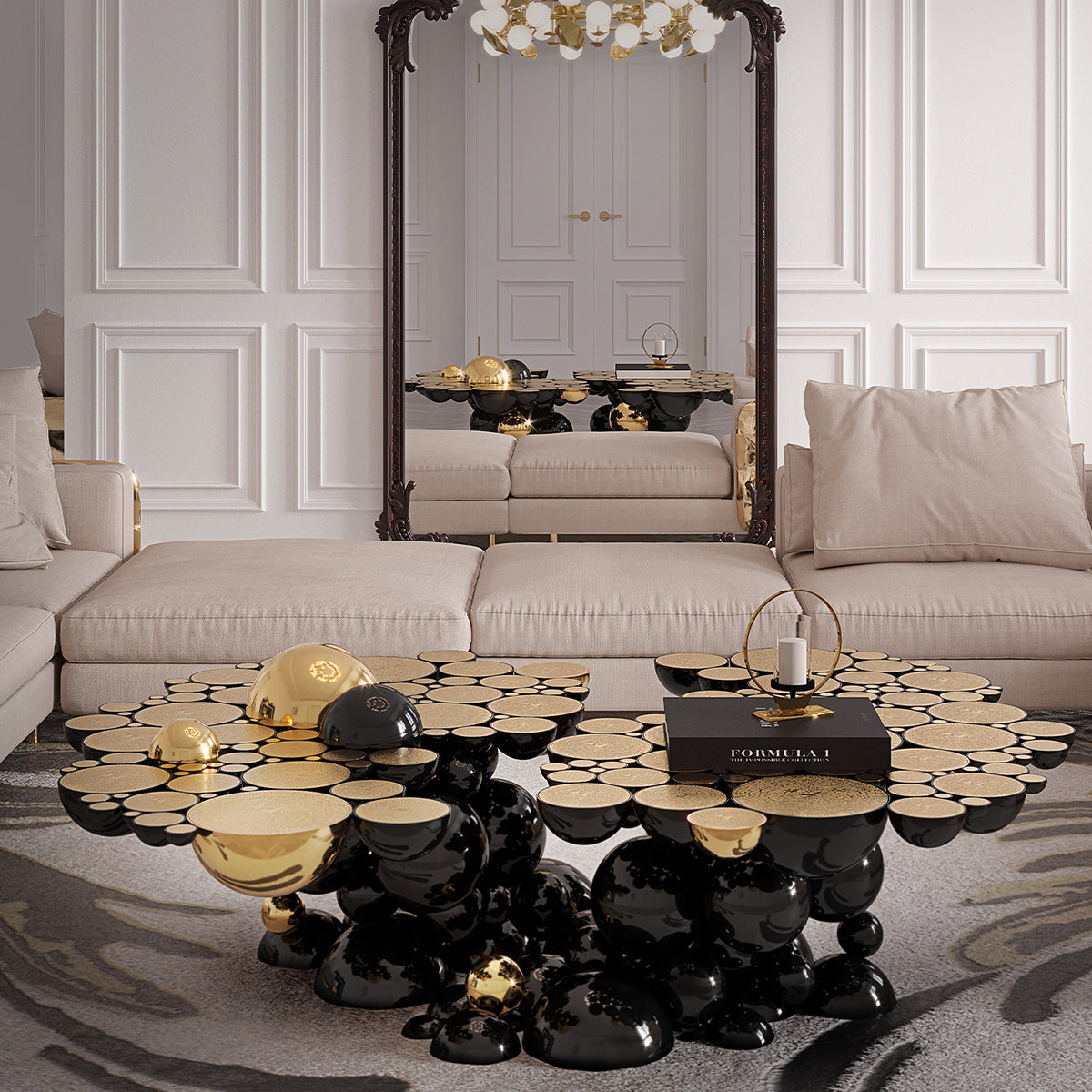 Luxury Sculptural Coffee Table with Gold Sphere Base & Black Glass Top