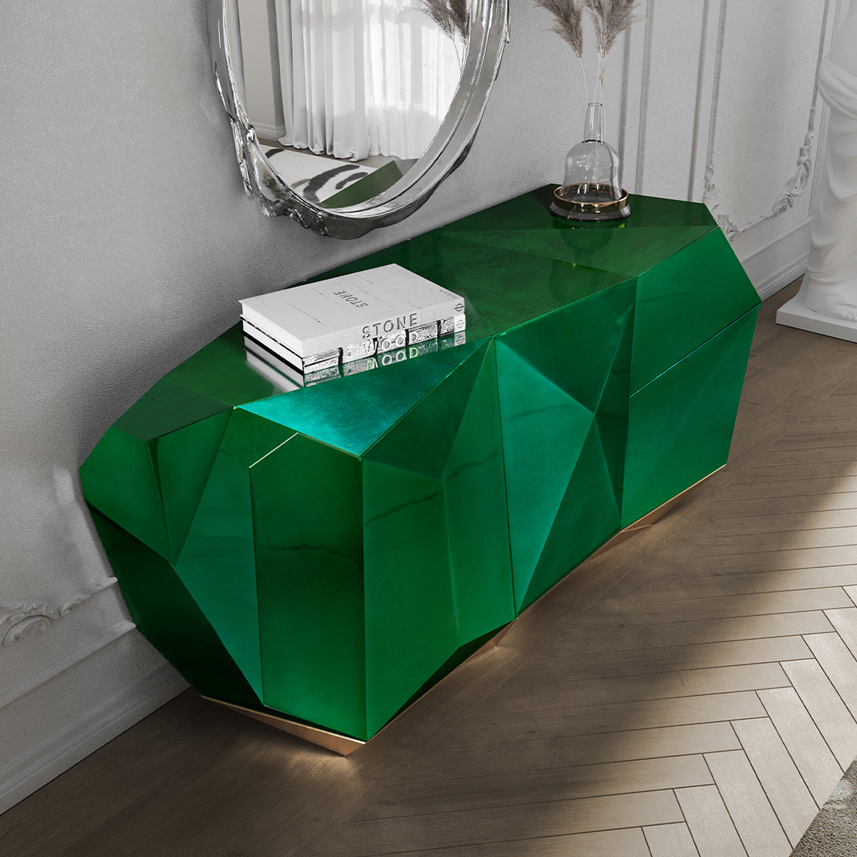 Luxury Emerald Green Sideboard Cabinet with Diamond-Inspired Faceted Design