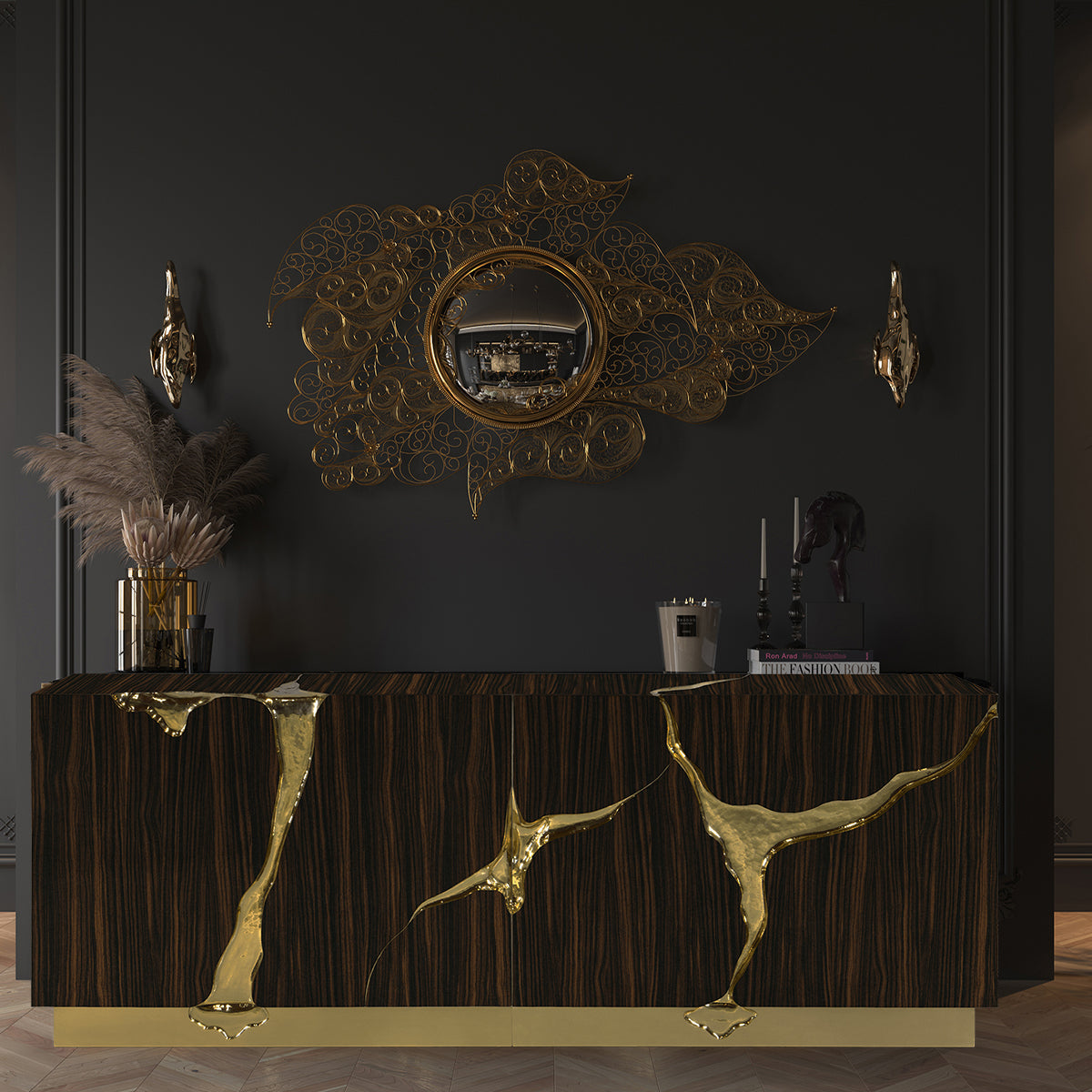 Luxury Black Gold Sideboard Cabinet with Sculptural Cracked Design