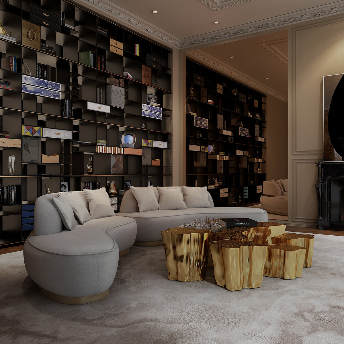 Luxury Glass Display Cabinet with Brass Accents, Curio Storage & Designer Shelving
