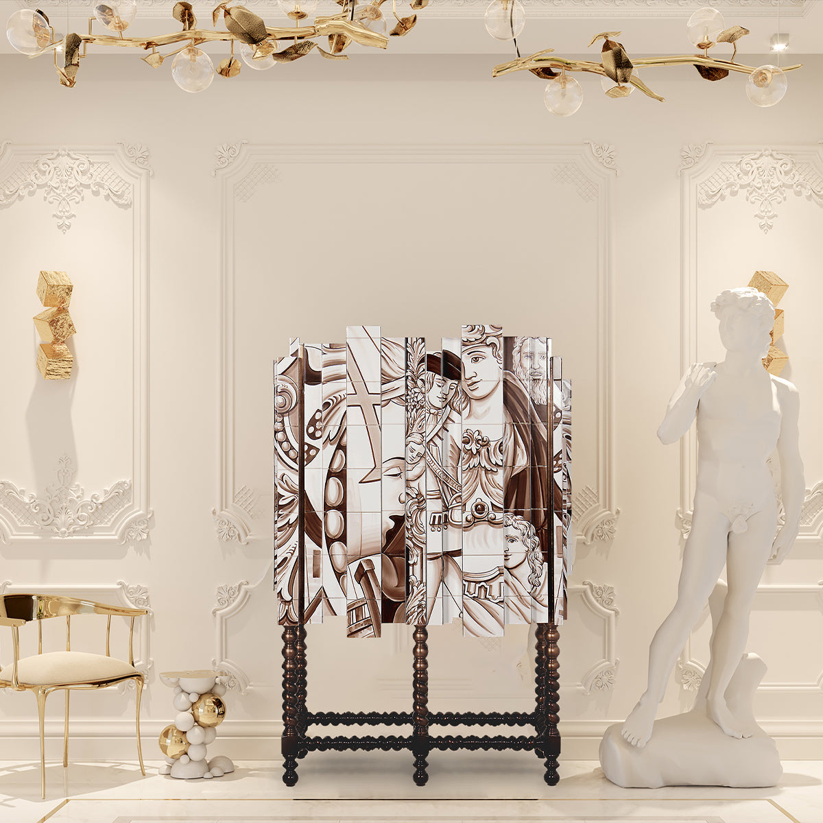 Luxury Hand-Painted Tile Cabinet with Mirrored Details & Collector Storage