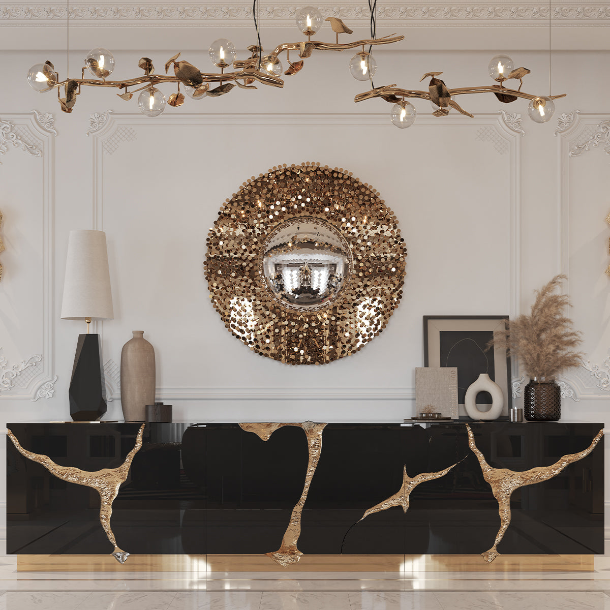 Luxury Black Gold Sideboard Cabinet with Sculptural Cracked Design