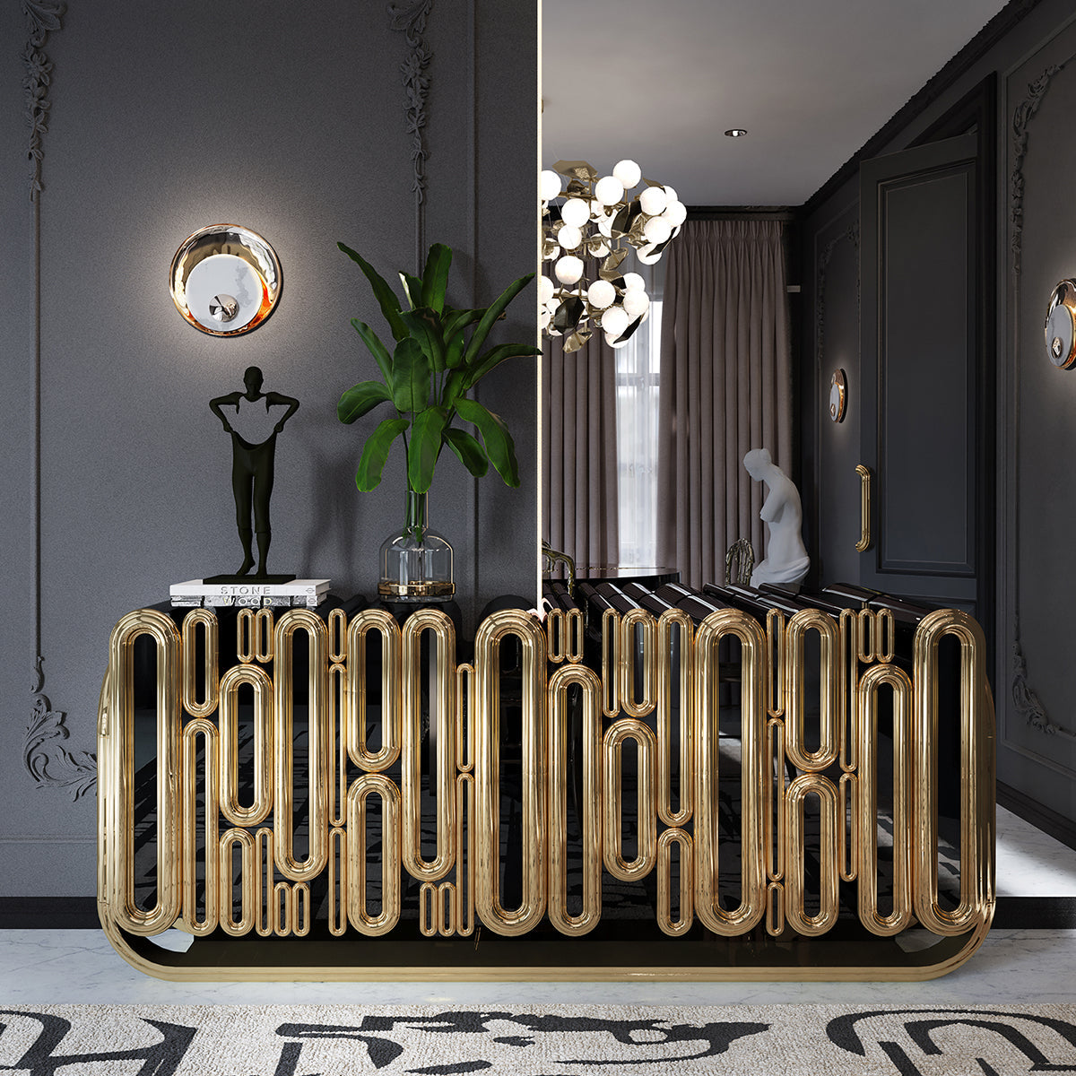 Luxury Gold Sideboard Buffet Cabinet with Sculptural Metal Design & Hidden Storage