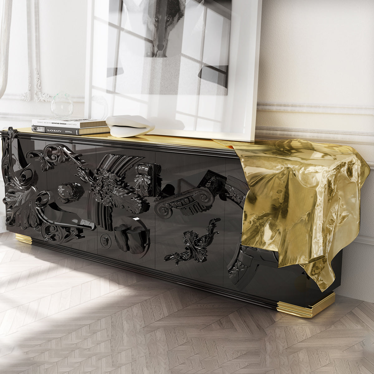 Luxury Black Sideboard Buffet Cabinet with Gold Leaf Details & Hidden Storage
