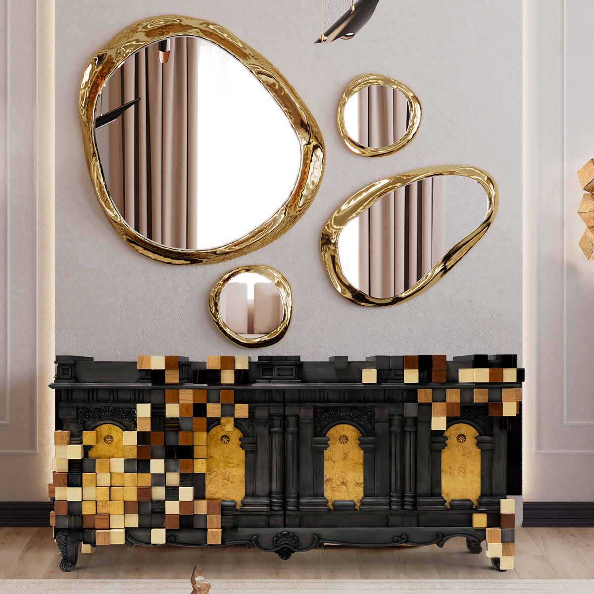 Luxury Mirrored Sideboard Buffet Cabinet with Gold Accents & Modern Storage