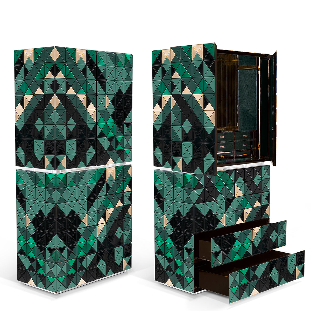 Luxury Walnut Curio Cabinet with Pixel-Inspired Design & Hidden Storage