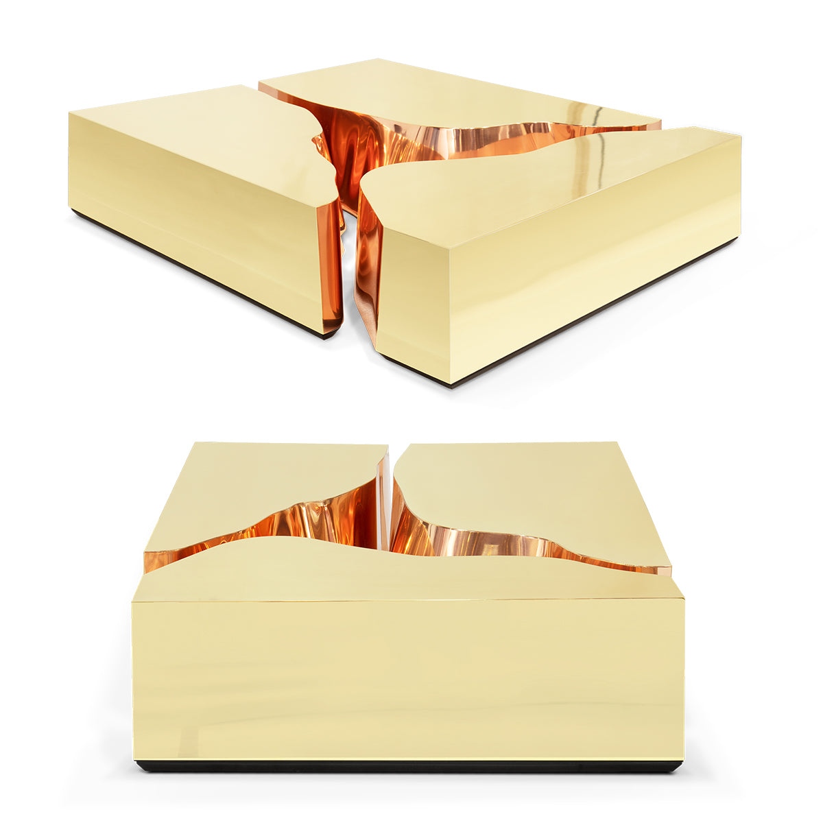 Luxury Coffee Table with Cracked Brass Sculptural Base & Smoked Glass Top