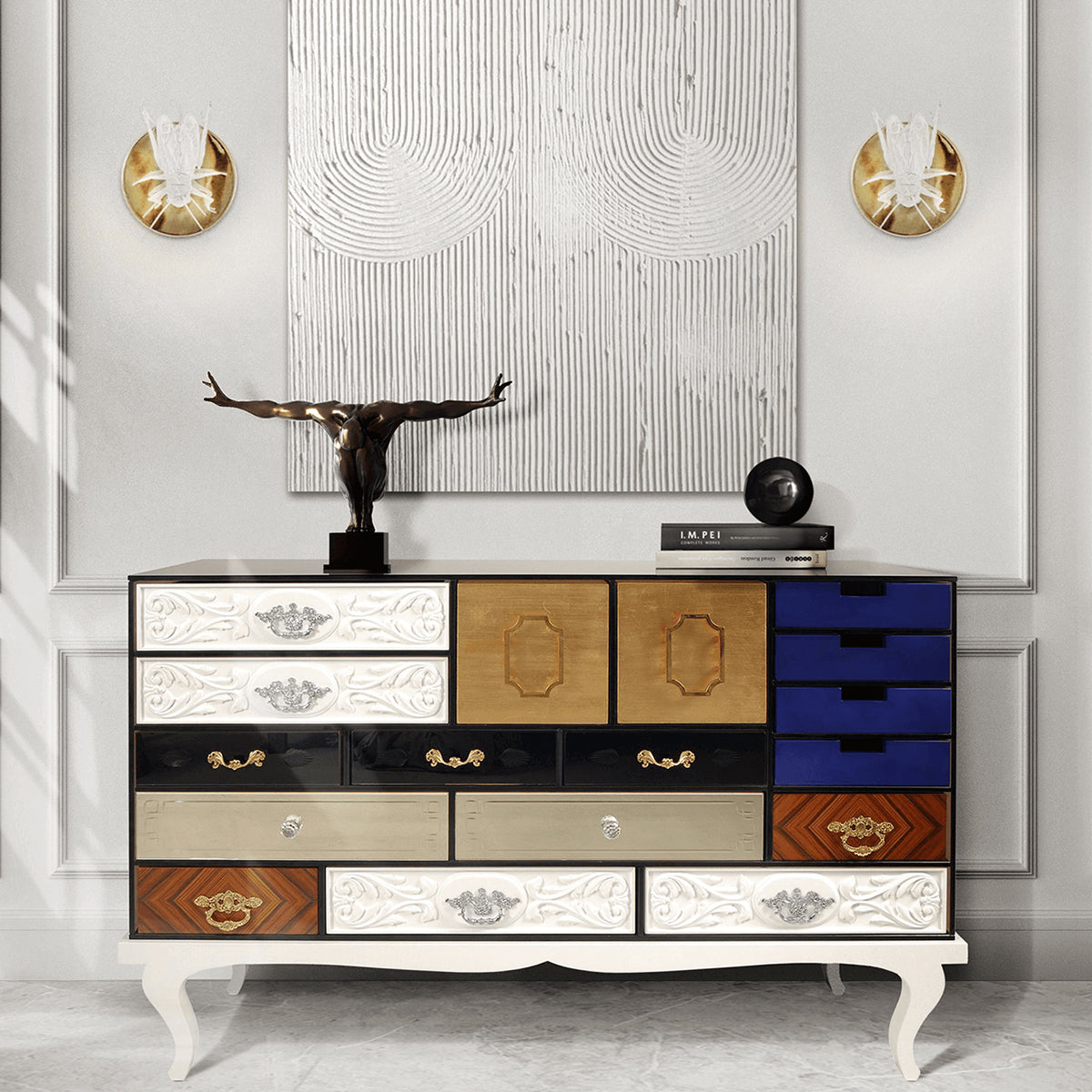 Luxury Patchwork Wood Sideboard Buffet Cabinet with Hidden Storage