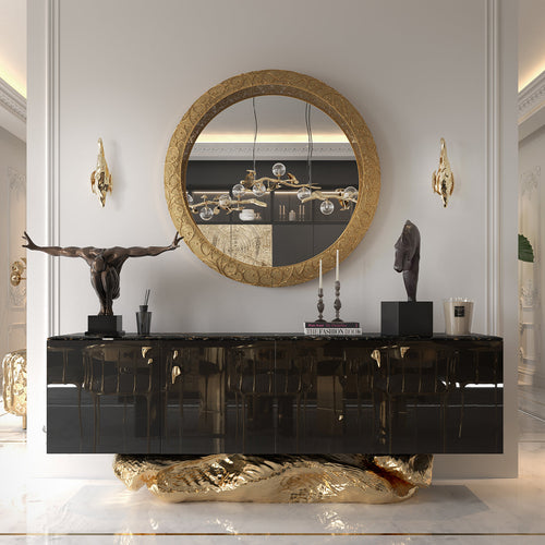 Luxury Gold Buffet Cabinet with Sculptural Metal Base & Hidden Storage