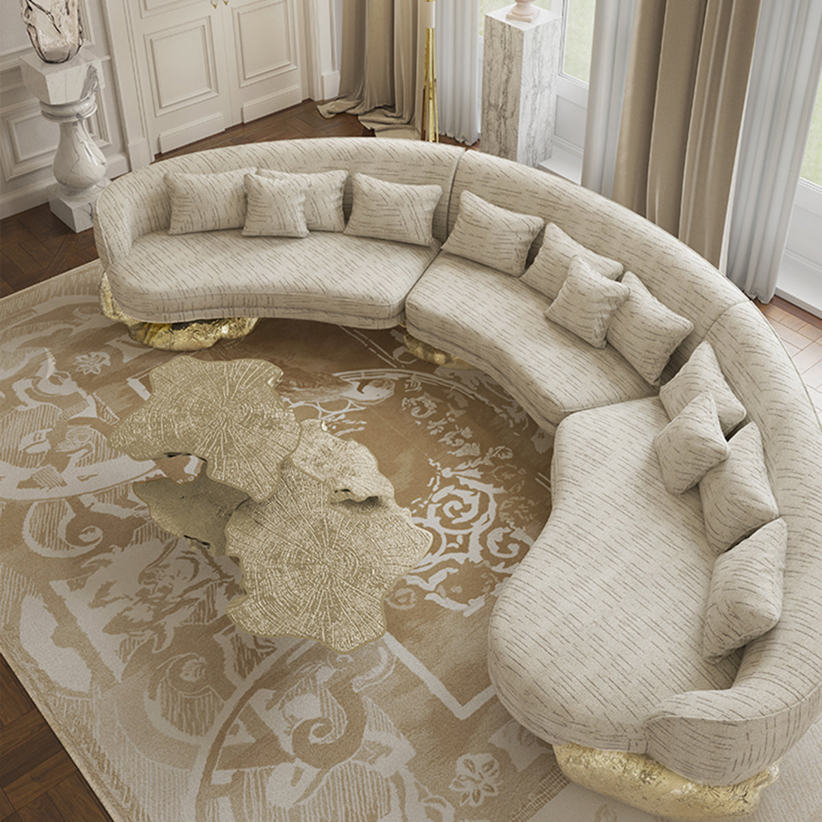 Luxury Designer Coffee Table with Hand-Painted Artistic Top & Sculptural Brass Base