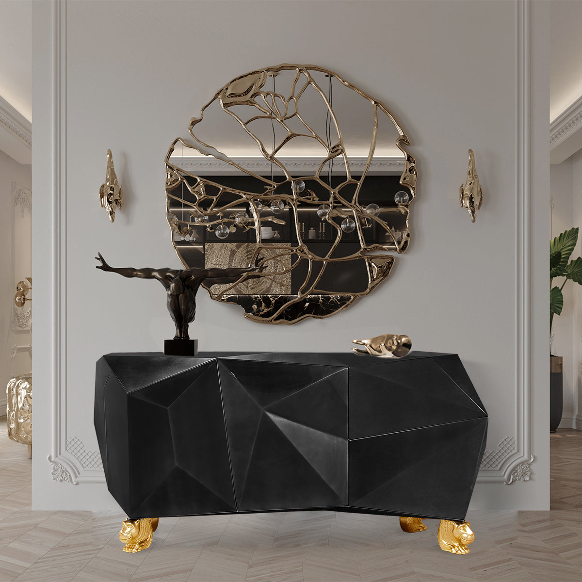 Luxury Diamond-Inspired Sideboard Cabinet with Black Gold Finish & Hidden Storage