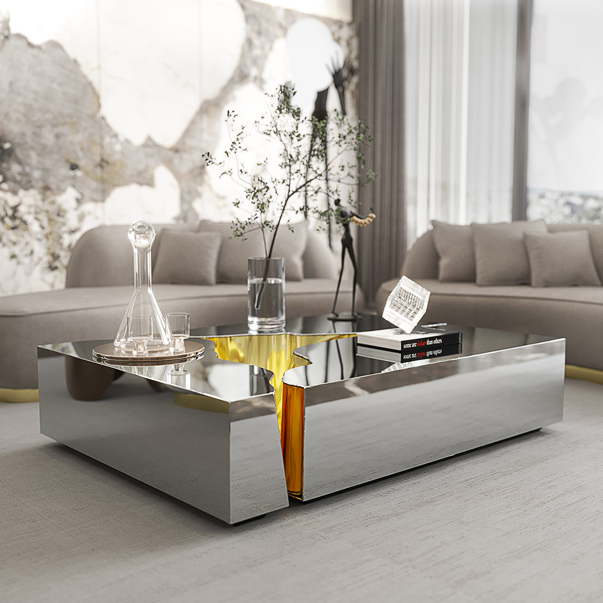 Luxury Coffee Table with Cracked Brass Sculptural Base & Smoked Glass Top