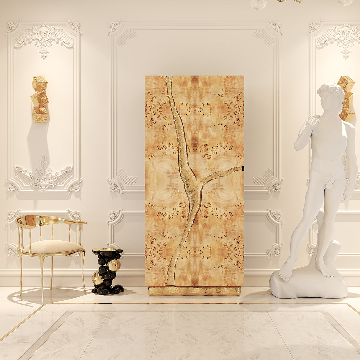 Luxury Walnut Display Cabinet with Sculptural Brass Accents & Hidden Storage