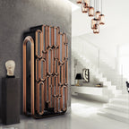 Luxury Bar Cabinet with Brass Tube Design, Glass Shelves & Hidden Storage
